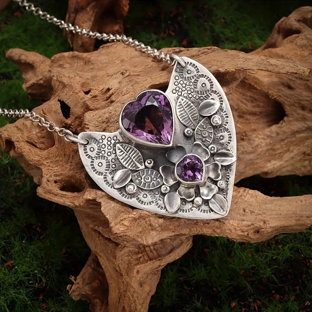 Gothic Amethyst Heart Silver Necklace