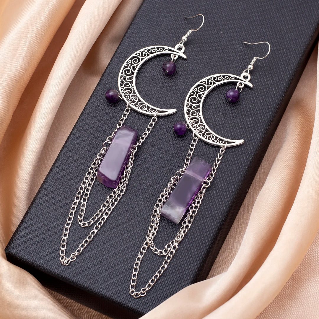 Goth Amethyst Moon Earrings