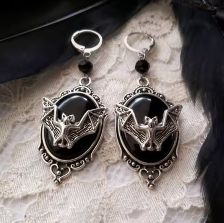 Gothic Bat Cameo Earrings