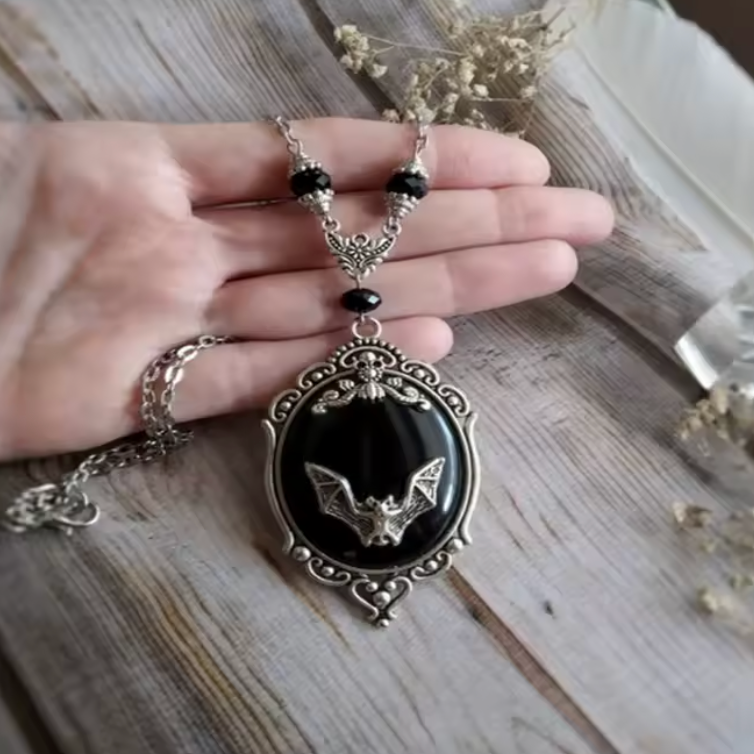 Gothic Bat Camero Necklace