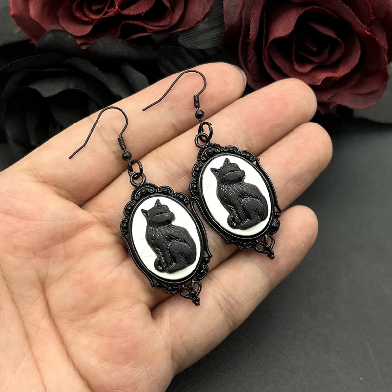 Gothic Cat Cameo Earrings