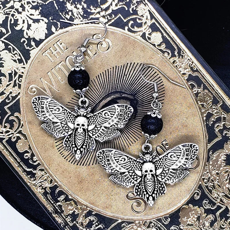 Gothic Death Moth Silver Earrings