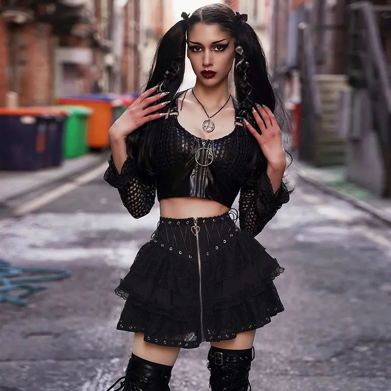 Gothic Lace Heart Zipper Skirt