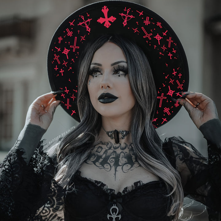 Gothic Red Cross Wide Brim Hat