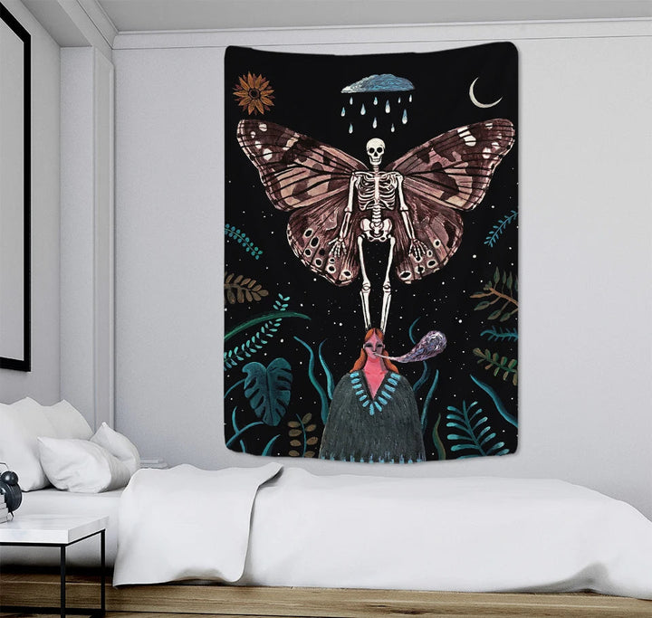 Gothic Skeleton Moth Tapestry