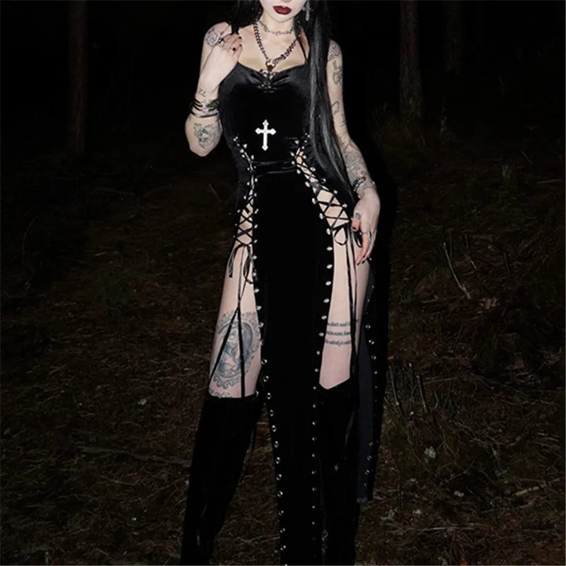 Gothic Velvet High Split Black Dress