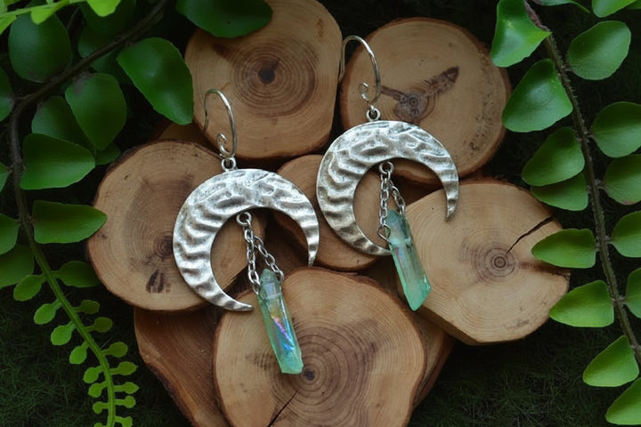 Green Aura Quartz Crescent Silver Moon Earrings