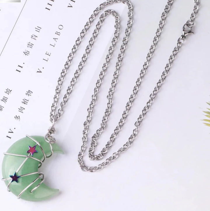 Green Aventurine Crescent Moon & Star Wire Wrap Silver Necklace
