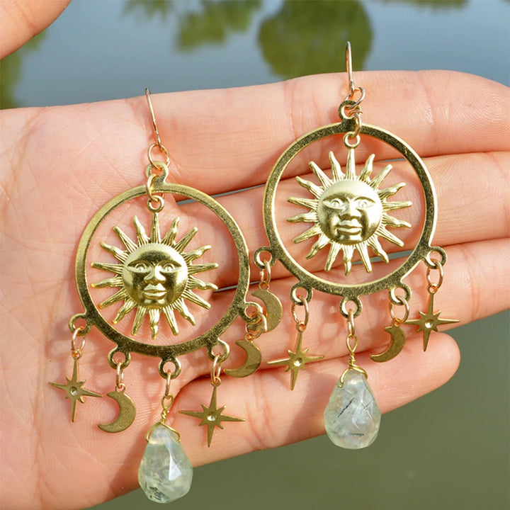 Green Aventurine Moon Sun Star Earrings