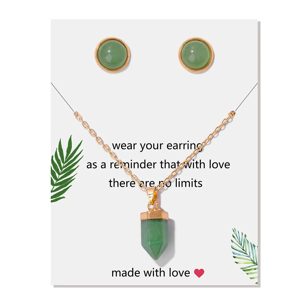 Green Aventurine Point Gold Pendant Necklace & Earrings