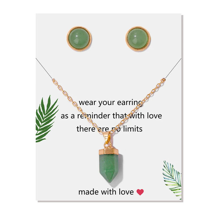 Green Aventurine Point Gold Pendant Necklace & Earrings