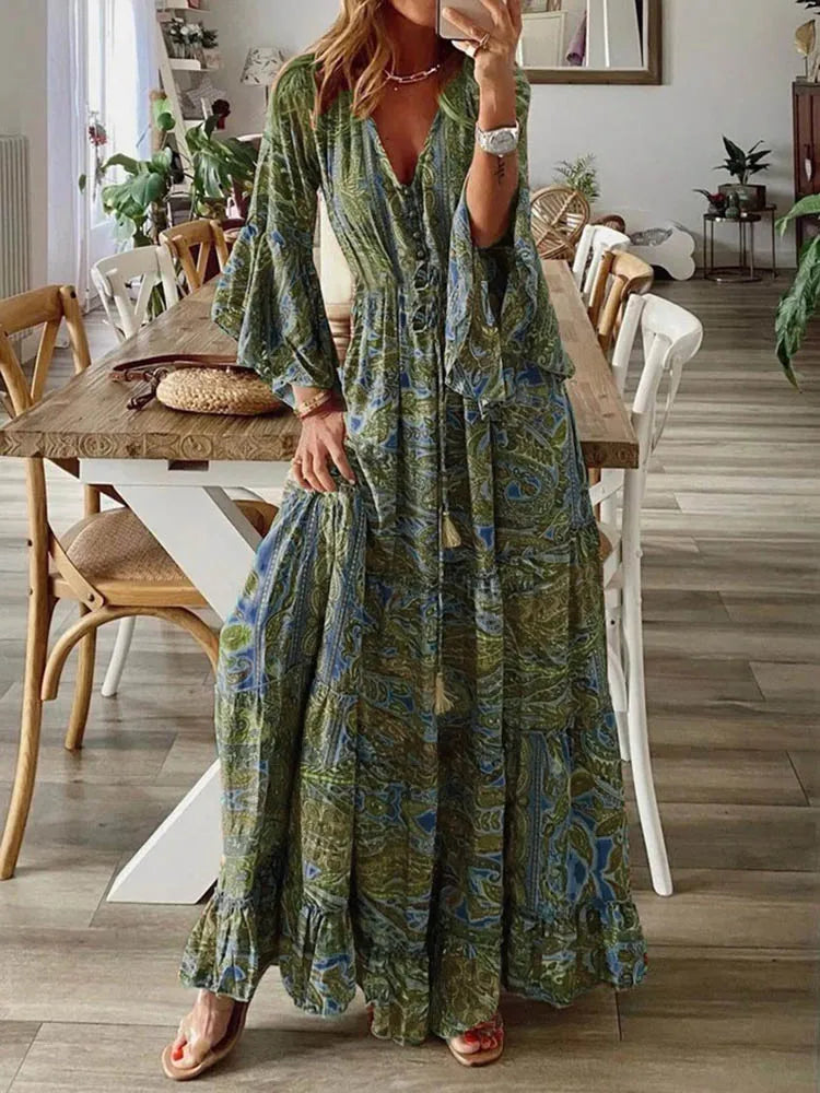 Green Boho Floral Dress