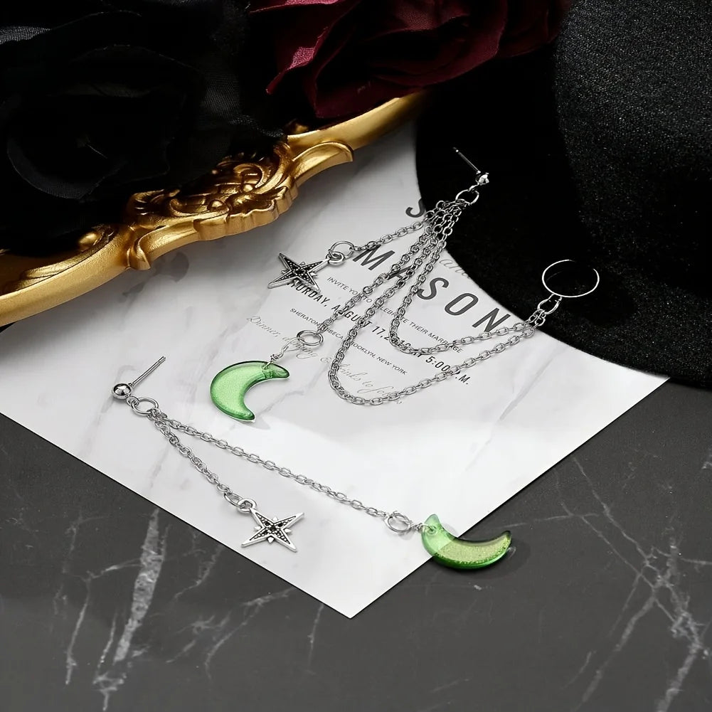 Green Moon Drop Chain Earrings