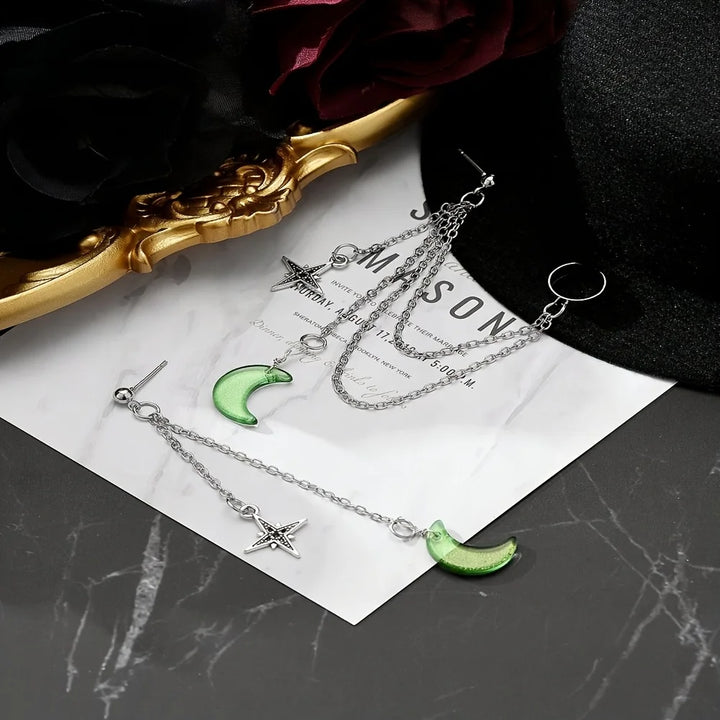 Green Moon Drop Chain Earrings