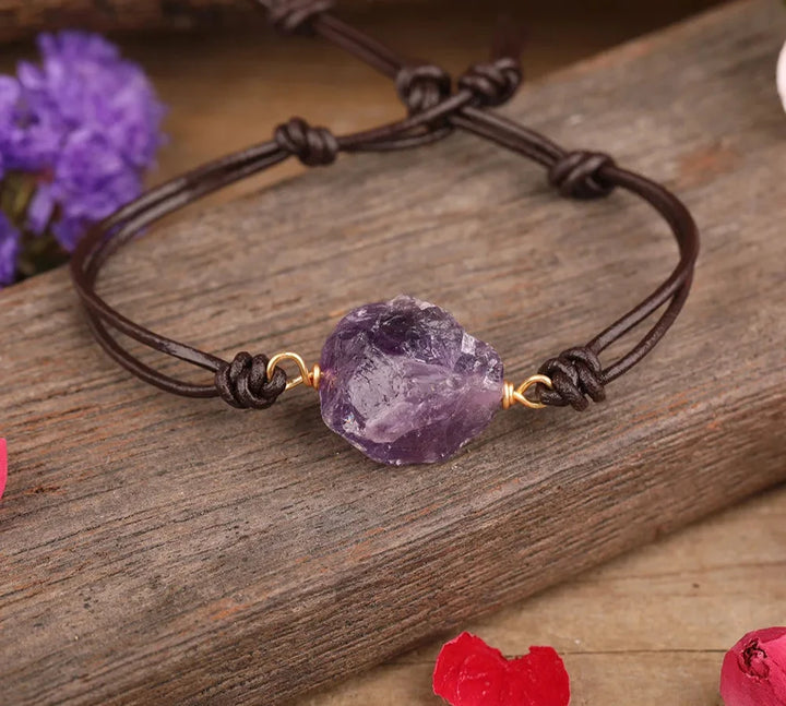 Amethyst Raw Crystal Leather Bracelet | Green Witch Creations