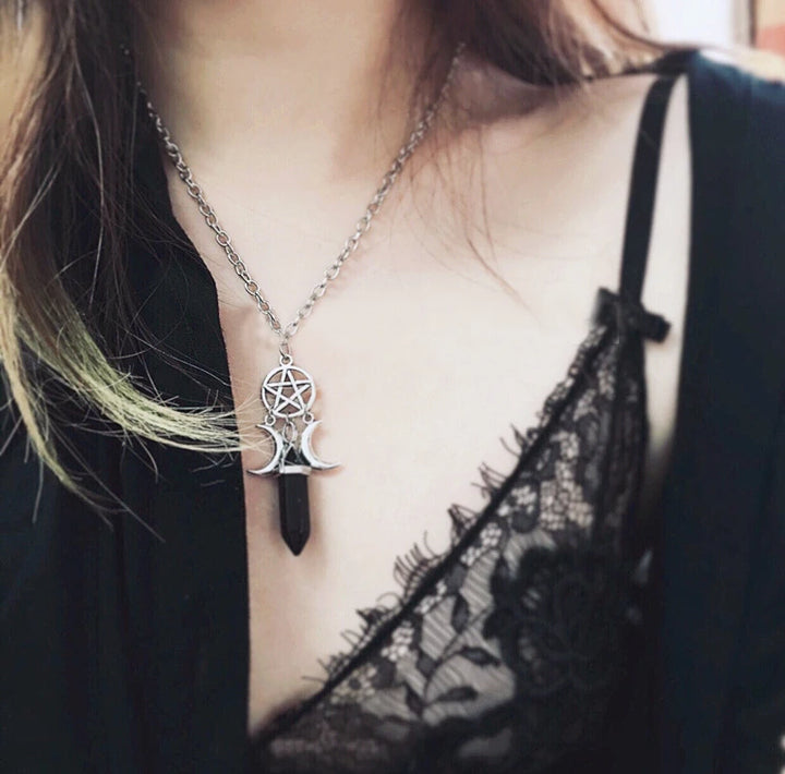 Onyx Pentacle Triple Goddess Moon Crystal Point Necklace | Green Witch Creations