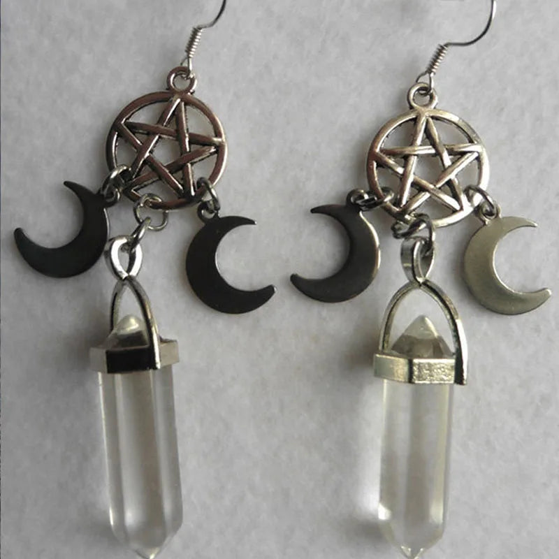 Clear Quartz Crystal Pentacle Moon Earrings | Green Witch Creations