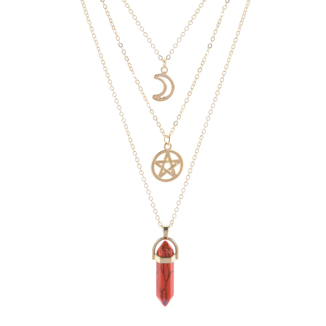 Red Jasper Crystal Pentacle Moon Multi Layered Necklace | Green Witch Creations