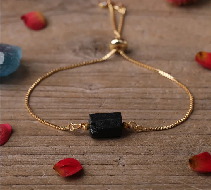Black Tourmaline Chunky Stone Gold Chain Adjustable Bracelet For Sale | Green Witch Creations