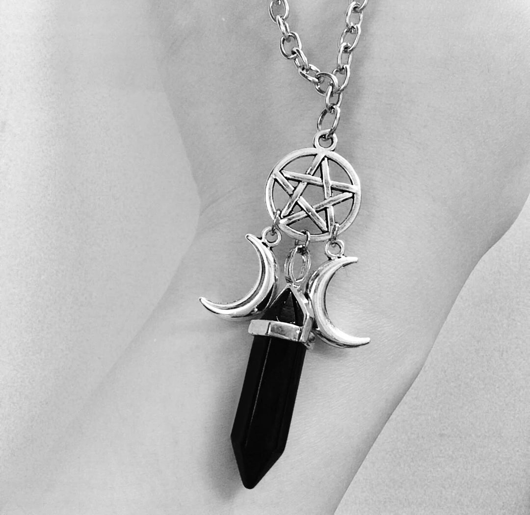 Onyx Pentacle Triple Goddess Moon Crystal Point Necklace | Green Witch Creations