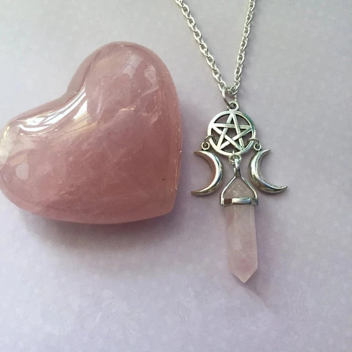 Rose Quartz Pentacle Triple Goddess Moon Crystal Point Necklace | Green Witch Creations
