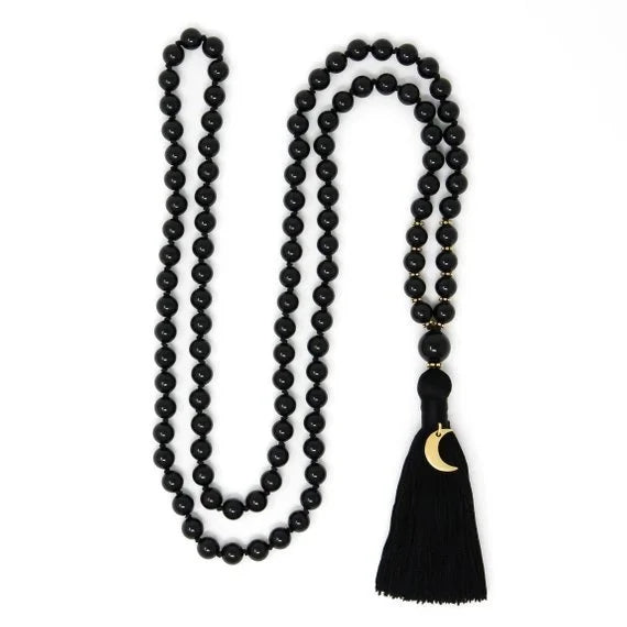 Black Tourmaline Moon Charm Prayer Bead Necklace | Green Witch Creations