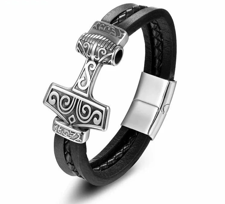 Thors Hammer Men's Leather Bracelet For Sale | Green Witch Creations