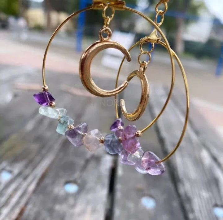 Rainbow Fluorite Crescent Moon Gold Hoop Earrings For Sale | Green Witch Creations