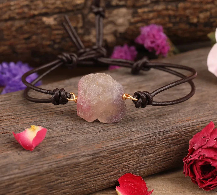 Pink Tourmaline Raw Crystal Leather Bracelet | Green Witch Creations