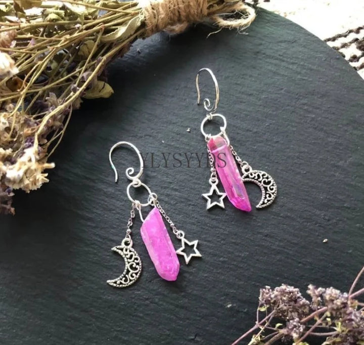 Pink Aura Quartz Crescent Silver Moon Earrings For Sale | Green Witch Creations