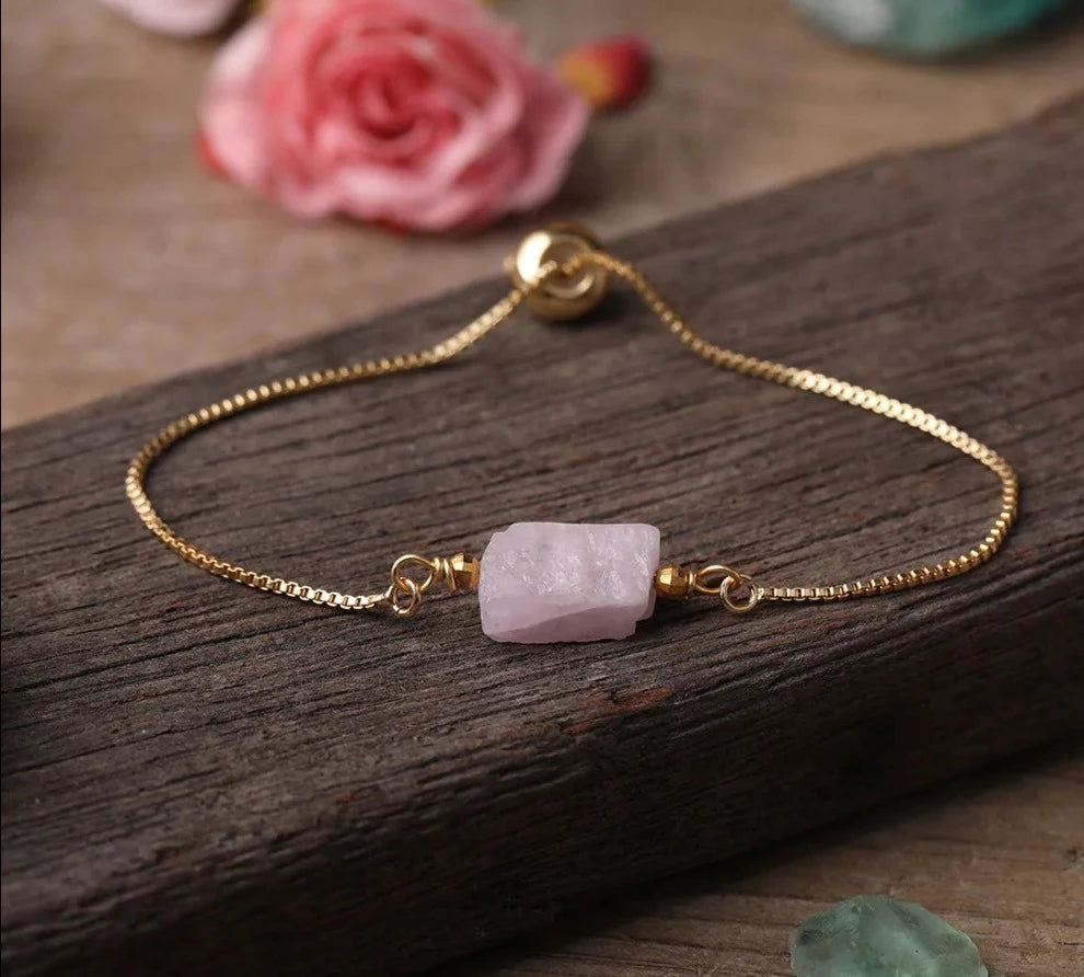 Rose Quartz Chunky Stone Gold Chain Adjustable Bracelet For Sale | Green Witch Creations