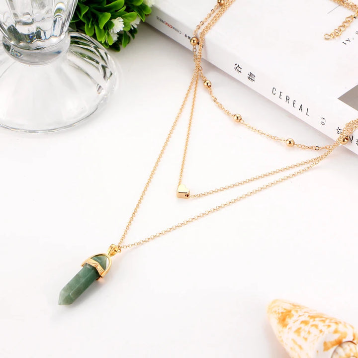 Multi Layer Choker Green Aventurine Crystal Heart Pendant Gold Necklace