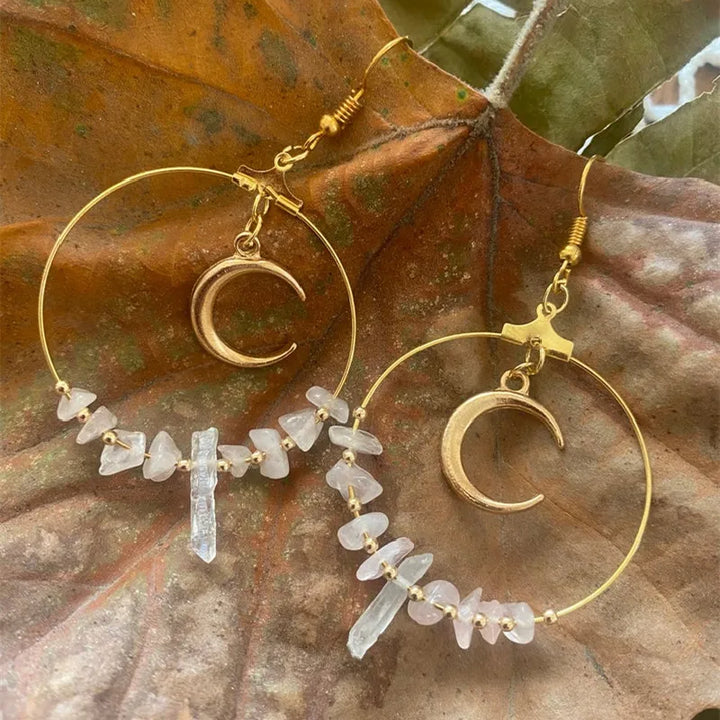Rose Quartz & Clear Quartz Crescent Moon Silver Hoop Earrings For Sale | Green Witch Creations