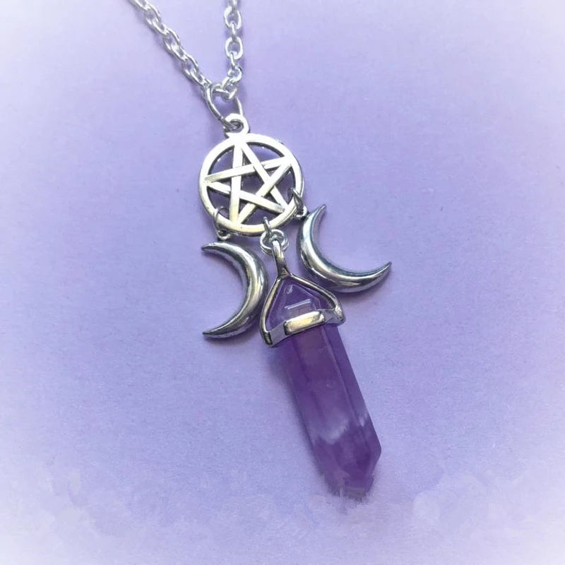 Amethyst Pentacle Triple Goddess Moon Crystal Point Necklace | Green Witch Creations