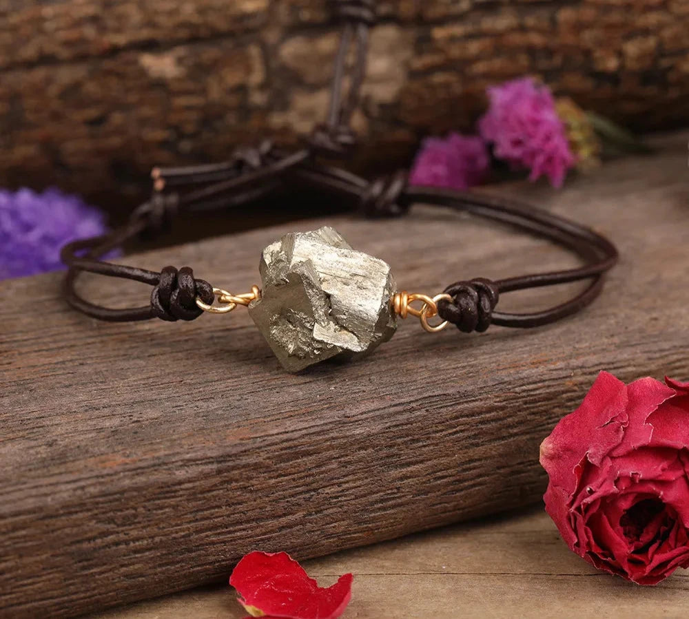 Pyrite Raw Crystal Leather Bracelet | Green Witch Creations