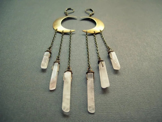 Gold Moon Rose Quartz Crystal Earrings | Green Witch Creations