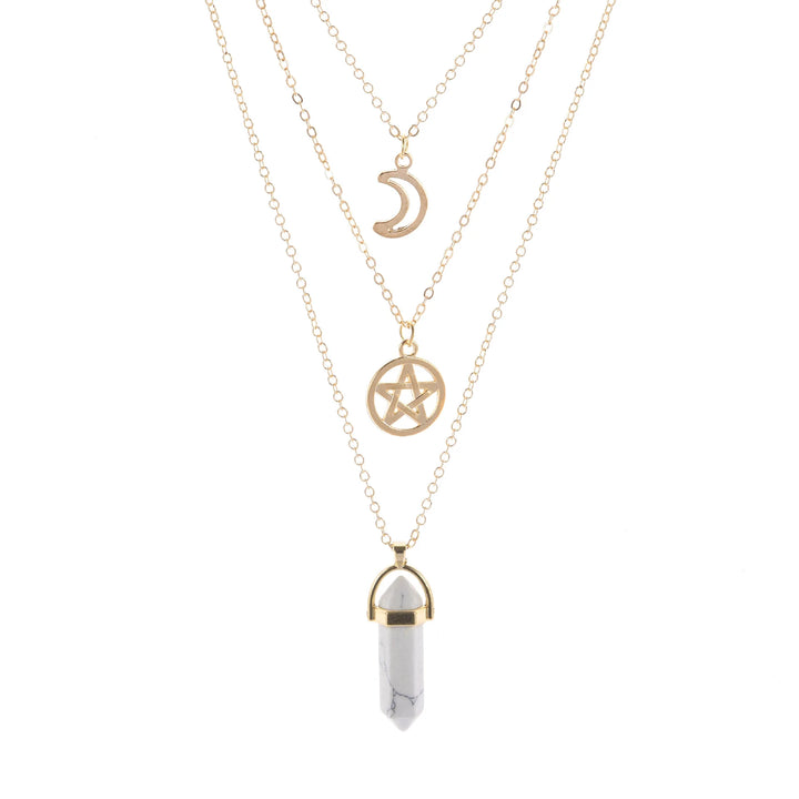 White Howlite Crystal Pentacle Moon Multi Layered Necklace | Green Witch Creations