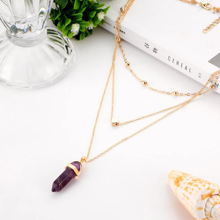 Multi Layer Choker Amethyst Crystal Heart Pendant Gold Necklace