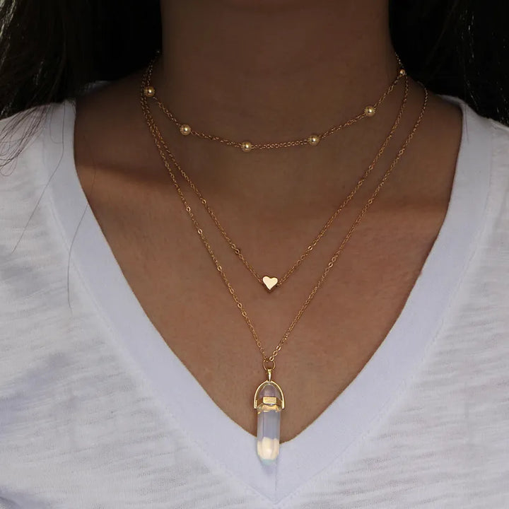 Multi Layer Choker Opalite Crystal Heart Pendant Gold Necklace