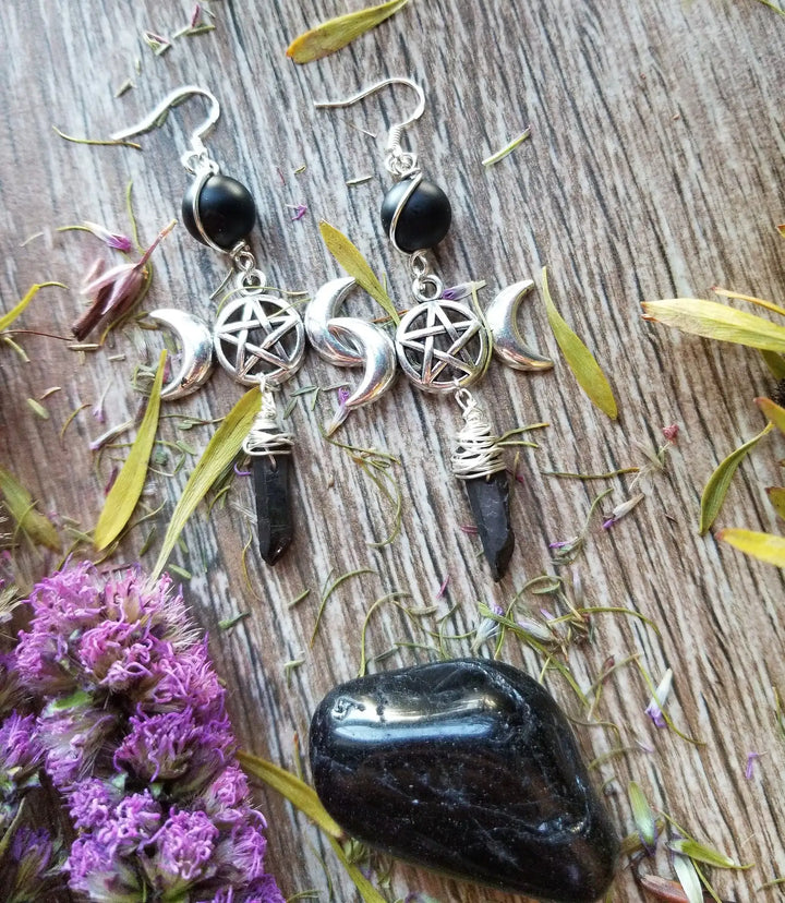 Onyx Crystal Pentacle Moon Earrings | Green Witch Creations