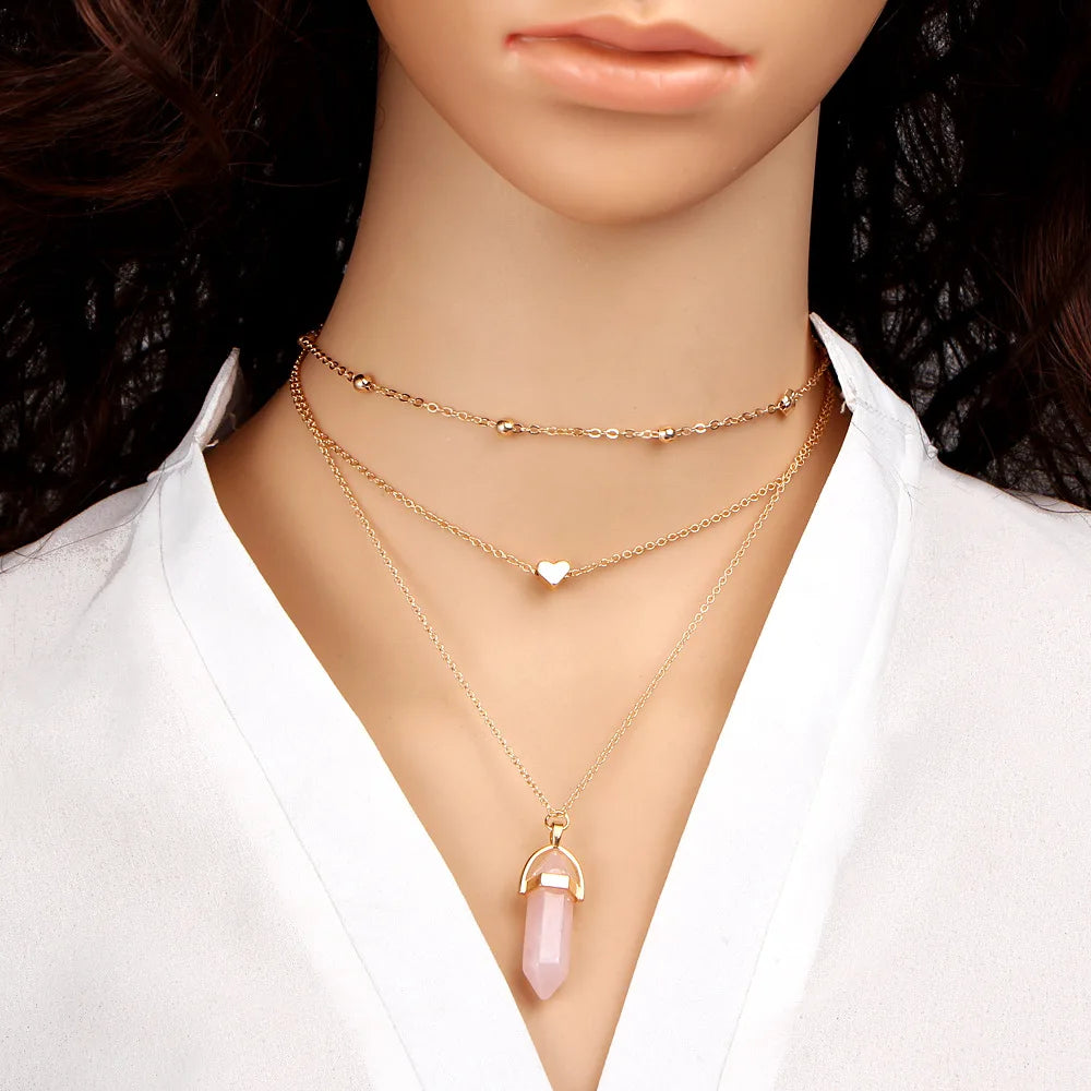 Multi Layer Choker Rose Quartz Crystal Heart Pendant Gold Necklace