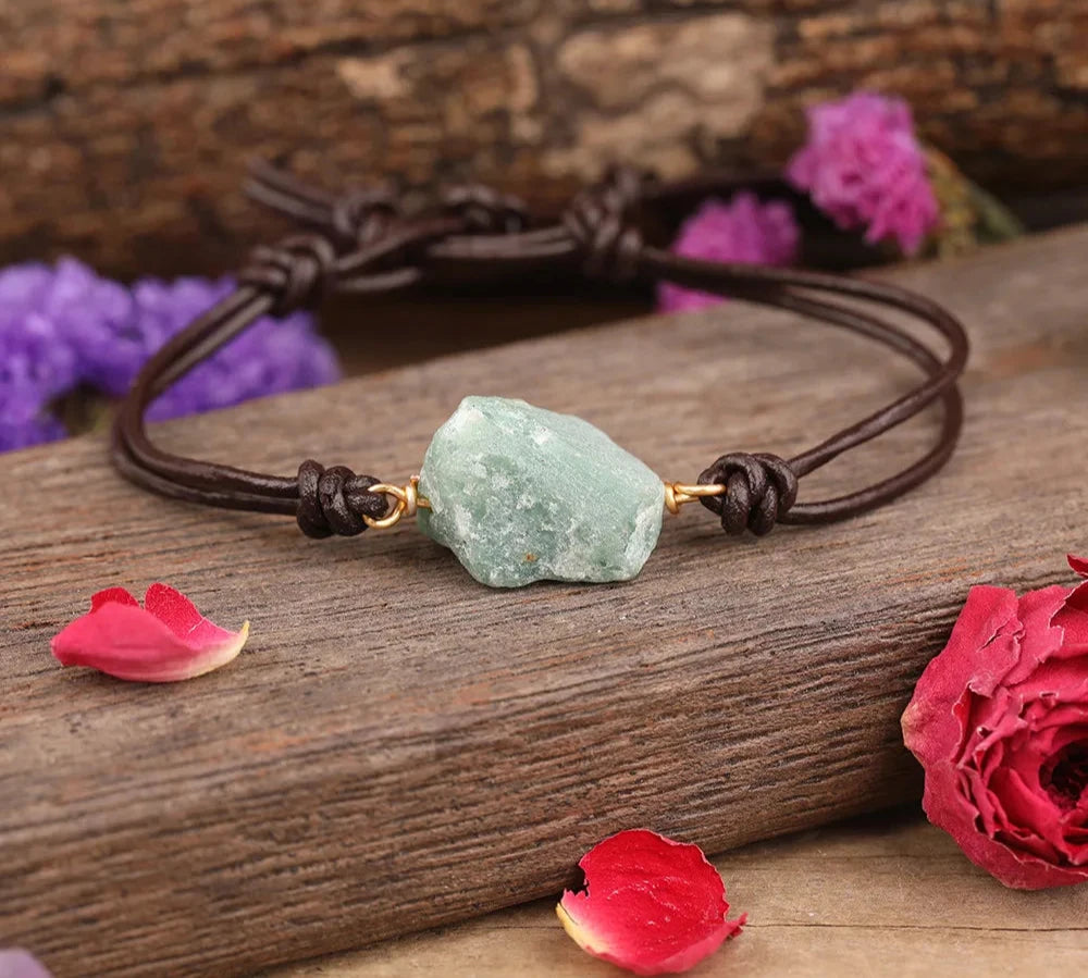 Green Aventurine Raw Crystal Leather Bracelet | Green Witch Creations