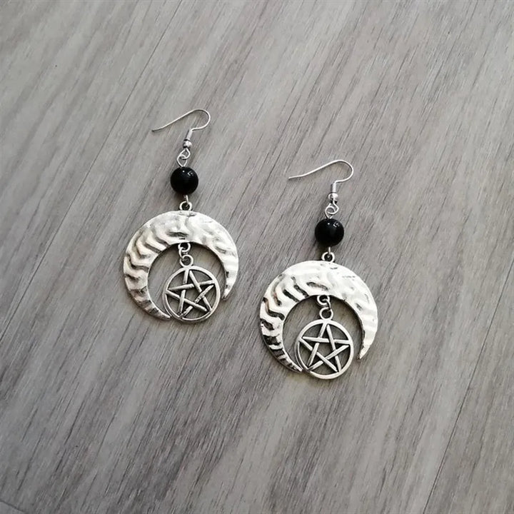 Onyx Pentacle Crescent Moon Silver Earrings For Sale | Green Witch Creations