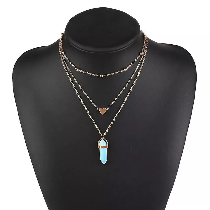 Multi Layer Choker Opalite Crystal Heart Pendant Gold Necklace