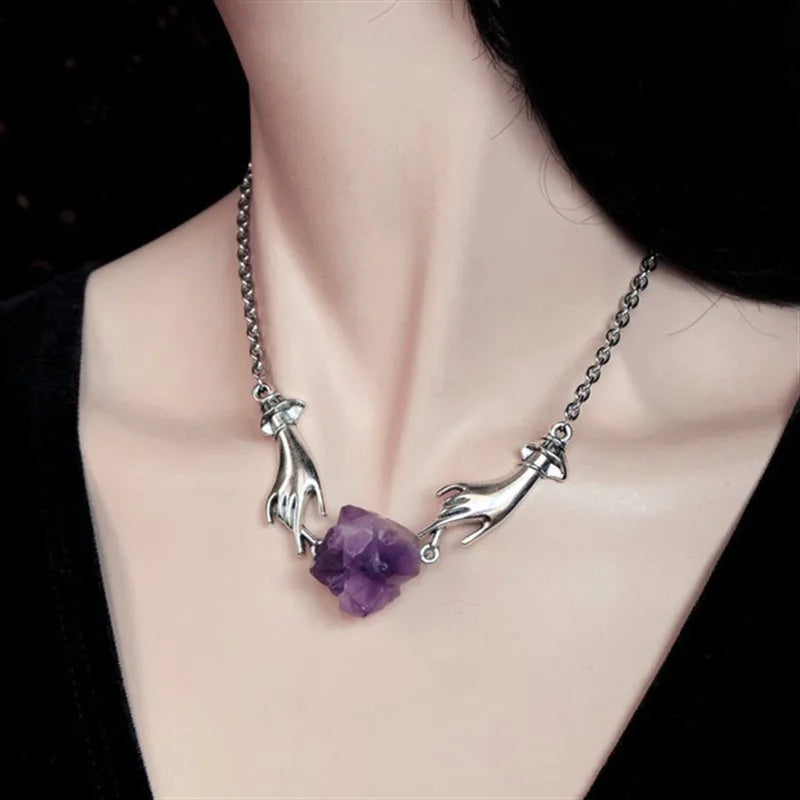 Amethyst Witchy Chain Hand Crystal Choker Necklace | Green Witch Creations