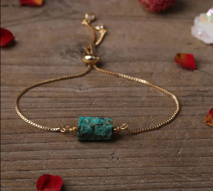 Turquoise Chunky Stone Gold Chain Adjustable Bracelet For Sale | Green Witch Creations