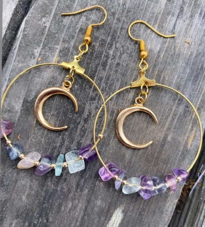 Rainbow Fluorite Crescent Moon Gold Hoop Earrings For Sale | Green Witch Creations