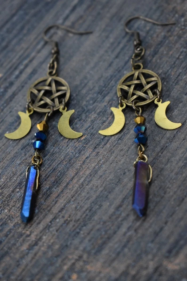 Rainbow Hematite Crystal Pentacle Moon Earrings | Green Witch Creations