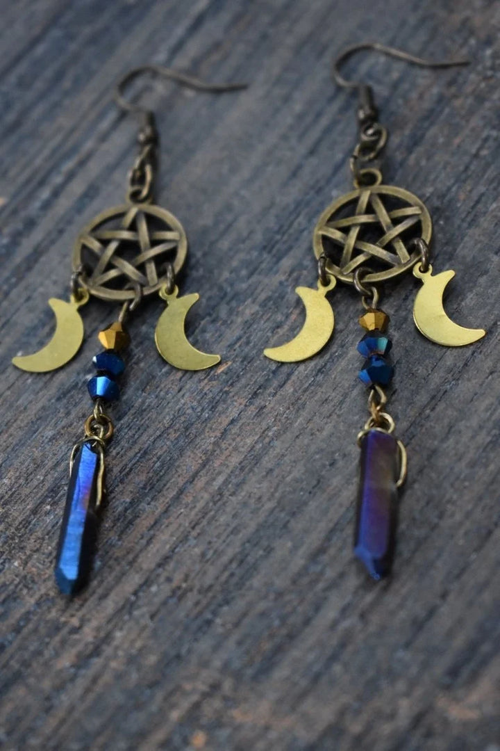 Rainbow Hematite Crystal Pentacle Moon Earrings | Green Witch Creations