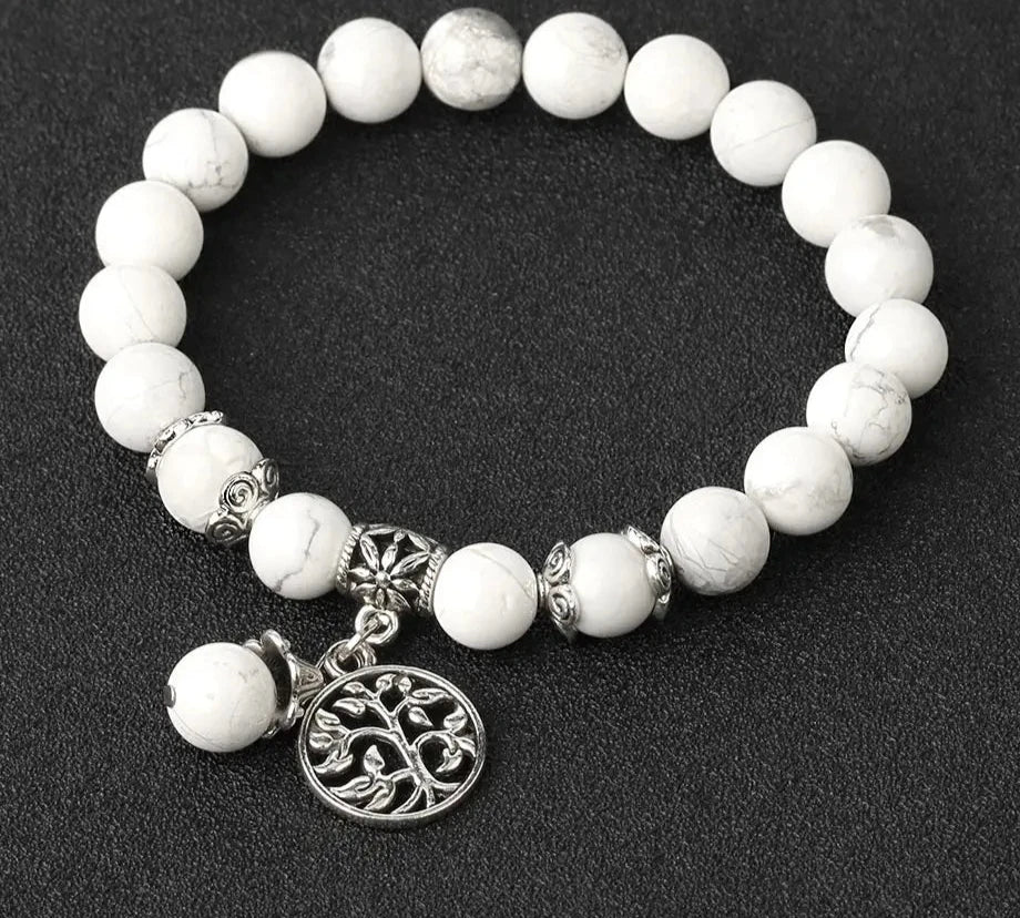 White Howlite Tree of Life Charm Stone Bead Bracelet | Green Witch Creations